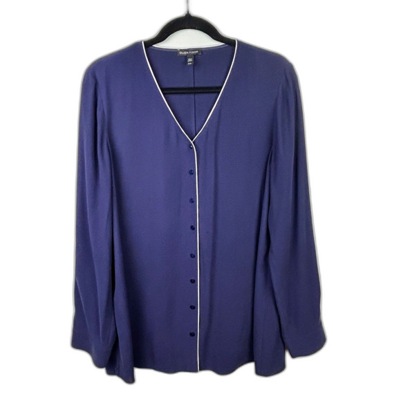 Eileen Fisher Georgette Piped Blouse 100% Silk Crepe Button Down Top Navy Blue M - Picture 2 of 13